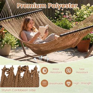 Amaca Doppia Caraibica in Poliestere per 2 Persone, con Struttura in Ferro, Capacità di Carico 600 libbre, per Patio, Giardino, Hotel, Colore Kaki, con Elementi in Legno Duro - Product Image 3