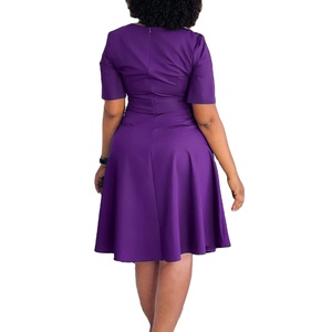 D589 nouveauté été solide robe mi-longue femmes décontracté élégant à manches courtes taille naturelle a-ligne bureau robe africaine - Product Image 2