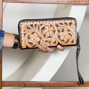 Aryan 2026 Tooled Carving Wallet Echtleder Floral Damen Kreditkartenetui Clutch mit Reißverschluss Einkaufstasche Mehrzweck-Geldbörse - Product Image 2