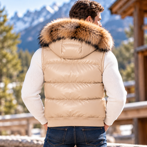 Chaleco de Cuero Premium para Hombre con Capucha de Piel de Zorro, Fabricante y Proveedor |   Chaleco Acolchado de Cuero Genuino para Hombre con - Product Image 2