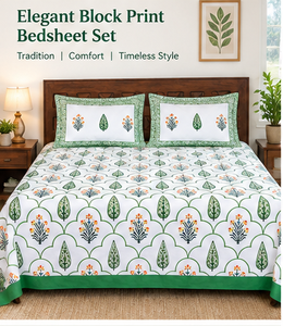 Parure de lit de luxe légère en coton premium 200TC, imprimée pigmentairement, durable, avec taies d'oreiller, motif floral vert, imprimé à la main indien, vente en gros - Product Image 1