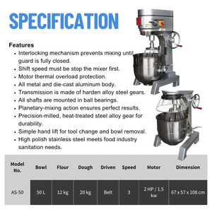 ATLAS STAR 50 Liter Electric Industrial Dough <b>Mixer</b> Stainless Steel Mixing Bowl Planetary Technology 3-Speed Commercial <b>Bread</b> - Product Image 2