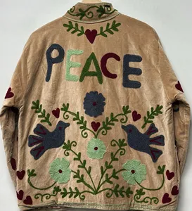 Women Khaki <b>Velvet</b> Suzani Embroidered <b>Jacket</b> with Floral Pattern Full Sleeve Stand Collar Bohemian Women's Autumn Outerwear - Product Image 5