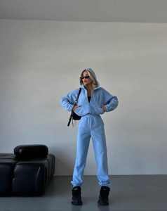 Custom Unisex Light Blue Tracksuit <b>Set</b> Zip Jacket <b>Jogger</b> Pants <b>Matching</b> Two Piece Streetwear Sportswear Wholesale Apparel - Product Image 1