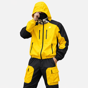 Custom OEM Men Hooded Waterproof <b>Windbreaker</b> Cargo Tracksuit Sets Yellow <b>Black</b> Outdoor Workwear Streetwear B2B men's jackets USA - Product Image 1