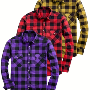 Chemises en flanelle à carreaux à manches longues pour hommes, col classique, boutonnées avec poches à rabat, violet, noir, rouge, noir, jaune, noir - Product Image 1