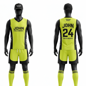 Ensemble d'uniformes de hockey sur gazon en polyester et élasthanne 280 GSM, jaune fluo avec panneau latéral noir, logo personnalisé par sublimation - Product Image 1