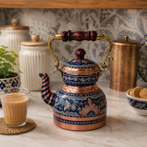 Handmade Turkish Copper Tea Kettle Blue Enamel Copper Tea Pot Traditional Wooden Handle <b>Teapot</b> OEM Wholesale Supplier Factory - Product Image 3