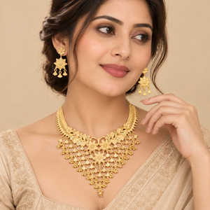 Ensemble collier et boucles d'oreilles florales plaquées or pour femmes |   Bijoux de mariage indiens traditionnels, tendance, pour les mariages et les fêtes - Product Image 3