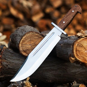 Couteau Bowie de chasse et de camping à lame fixe en acier Damas fait main, avec manche en bois et étui en cuir - Product Image 3