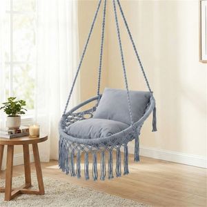 "Indoor/Outdoor Boho Gray Hammock <b>Chair</b> with 2 <b>Padded</b> Cushions 330LBS Capacity for Patio and Bedroom #Application Garden#" - Product Image 4