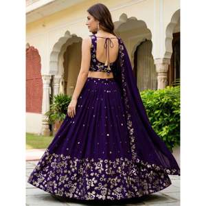 Purple <b>Sequins</b> Georgette Wedding Lehenga Choli - Product Image 3