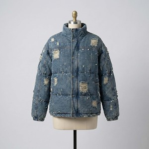 Chaqueta Acolchada Estilo Bomber Vintage de Otoño con Cuentas de Perlas y Tachuelas Metálicas, Cuello Alto, Estilo Casual y Urbano - Product Image 1
