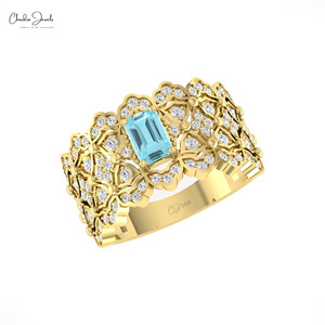 Hot Selling 6x4mm Octagon Cut Aquamarine Gemstone Cocktail <b>Ring</b> with 14k Solid Gold Diamond Signature Wedding <b>Ring</b> for <b>Couple</b> - Product Image 4