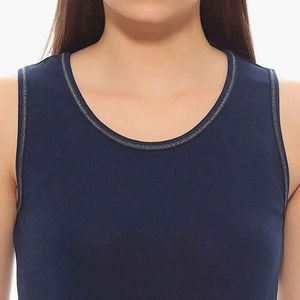 Camiseta sin mangas azul lisa para mujer, de algodón tejido, personalizada, informal, transpirable, ecológica, de secado rápido, con logotipo frontal en tela dobby, 220g, cuello redondo - Product Image 6