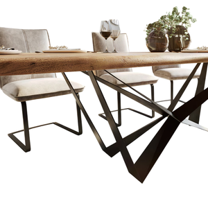 Table de salle à manger en bois d'acacia massif à bord naturel, motif grainé riche, style industriel, avec pieds en métal noir et finition naturelle, pour cuisine et restaurant - Product Image 5