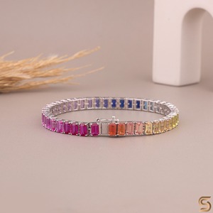 Rainbow Tennis <b>Bracelet</b>, Lab Grown <b>Gemstone</b> <b>Bracelet</b>, Emerald Cut Rainbow <b>Bracelet</b>, Colorful <b>Gemstone</b> <b>Bracelet</b>, Anniversary Gift - Product Image 2