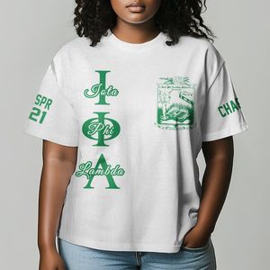 Camiseta Iota Phi Lambda blanca y verde con cuello redondo, estampado personalizado del capítulo, camiseta de manga corta de inspiración griega para mujer, ajuste unisex - Product Image 1