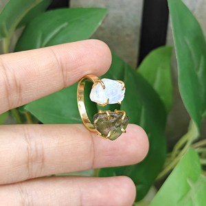 Raw Look Moonstone and Moldavite Double Stone Brass <b>Ring</b> 18k Gold Plated Prong Set <b>Adjustable</b> <b>Size</b> Daily Wear Unisex Jewelry - Product Image 3