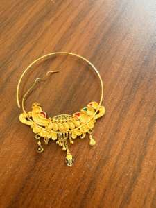 Anillo de nariz de oro macizo de 22k, joyería nupcial tradicional india, diseño de aro con esmalte floral de pavo real, tamaño grande, alambre para perforación. - Product Image 5