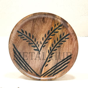 Round Charger <b>Plate</b> with Engraved Leaf Pattern Brown Wood Style Finish Decorative Table Base <b>Plate</b> for Dining Setup Use - Product Image 4