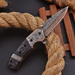 Cuchillo Plegable de Acero Damasco y Cobre de Grado Industrial Hecho a Mano con Mango de Madera y Funda de Cuero para Acampar al Aire Libre - Product Image 2