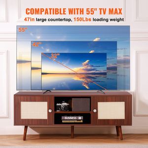 Mobile TV in Stile Mid-Century Modern, Mobiletto TV Boho con Ripiani Regolabili, Consolle TV in Rattan Stile Rustico per TV da 55 Pollici - Product Image 3