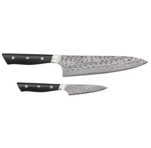Ensemble de 2 couteaux de cuisine à manches noirs avec lames à motifs argentés et poignées rivetées pour trancher, hacher et préparer les aliments - Product Image 1