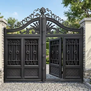 Luxury Black Wrought Iron Double <b>Swing</b> Main Gate with Ornate Scrollwork Arched Crown <b>and</b> Integrated Pedestrian Door - Product Image 3