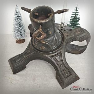 German Christmas <b>tree</b> stand 4 feet browngreen gold effects cast iron fir <b>trees</b> angel <b>with</b> candle Vintage Xmas - Product Image 5