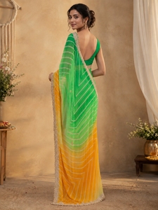 Sari de Chifón Estampado Digital Verde y Amarillo con Borde de Cuentas para Mujer, Traje Tradicional de Boda, Devi Fashions, Bengala Occidental - Product Image 3
