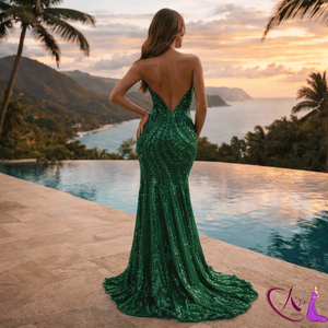 Vestido de Noche con Bordado de Lentejuelas Verde Esmeralda |   Vestido de Fiesta Hecho a Mano con Escote Corazón y Abertura Alta, Largo hasta el Suelo, para Bodas y Eventos de Gala - Product Image 4