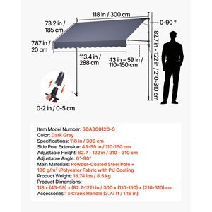Auvent de terrasse rétractable manuel, hauteur réglable 118 pouces, abri pare-soleil pour porte et fenêtre extérieures, projection maximale 5 m - Product Image 2