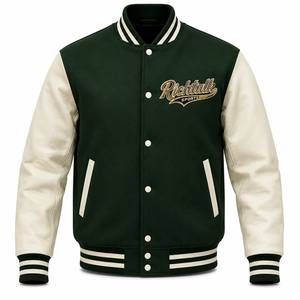 Unisex Varsity Jacket Green for Leather Sleeves Embroidered Logo <b>Covered</b> <b>Button</b> Eco-Friendly Winter Wear - Product Image 1