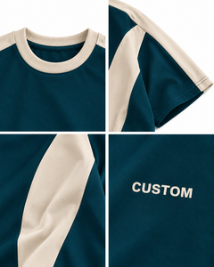 Custom Wholesale 240 GSM 100% Cotton Color Block <b>T</b>-<b>Shirt</b> Teal <b>Cream</b> Contrast Panel Boxy Oversized Tee Center Logo Unisex - Product Image 6