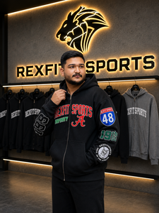 REXFITSPORTS 2026 Sweat à capuche graphique universitaire noir personnalisé à fermeture éclair intégrale, 280-300 GSM, en molleton de coton et polyester, style streetwear clouté - Product Image 2