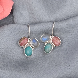 925 Sterling Silver Multi Stone <b>Dangle</b> <b>Earrings</b> Rainbow Moonstone Amazonite Rhodolite Handmade Gemstone Drop <b>Earrings</b> for Party - Product Image 4