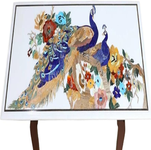 Table à manger rectangulaire en marbre blanc avec un motif floral bleu roi audacieux au centre et une bordure incrustée assortie, en gros. - Product Image 2