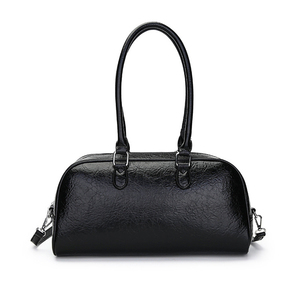 Bolso de bowling clásico de cuero genuino negro con cierre de cremallera, dos asas, bolso de mano para mujer, bolso de uso diario de cuero. - Product Image 1