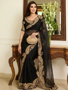 Sari de red Bollywood reversible de secado rápido y sin arrugas con bordado para mujer KV, con blusa sin coser (Negro) - Product Image 1
