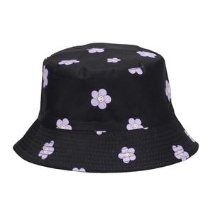 Unisex Bucket <b>Hat</b> Black With <b>Purple</b> Floral Print Casual Spring Summer Style - Product Image 1