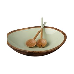Bol à salade en bois naturel avec finition émail vert doux et cuillères de service en bois assorties - Product Image 1