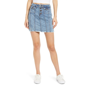 Mini-jupe en jean bleu clair à poches plaquées taille basse pour femme, en pur coton, coupe droite, durable, idéale pour l'été - Product Image 1