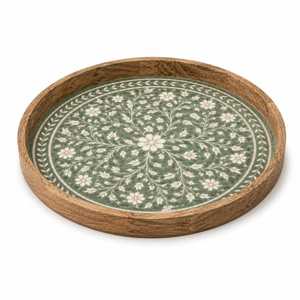 Bandeja Decorativa Redonda con Incrustaciones y Diseño Floral con Borde de Madera para Exhibición en Mesa, Venta al por Mayor - Product Image 1