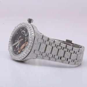 Montre en diamant à quartz naturel de haute qualité Iced Out VVS Clarté Cadran noir Forme ronde en acier inoxydable Montre Hip Hop tendance - Product Image 3
