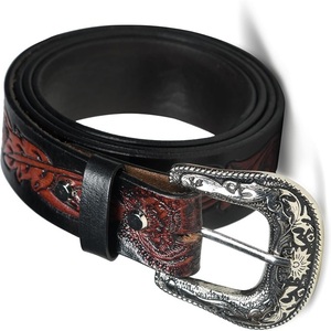 Custom Made Two Tone Antique Finish Western Leather <b>Tooling</b> <b>Belt</b> for Unisex with Floral Engraved antique Brass Pin Buckle - Product Image 1