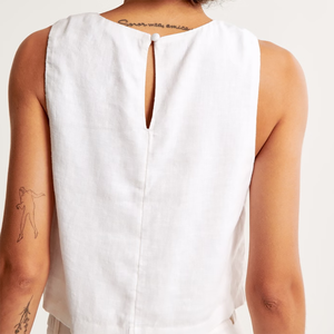 White Solid <b>Linen</b> Cotton Sleeveless Gym Tank <b>Top</b> Women Casual Two Piece Set with Button Front Short Crop Vest for Spring - Product Image 3
