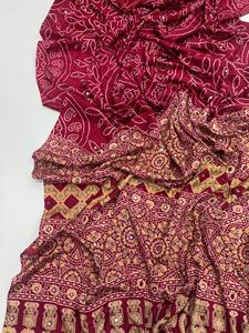 Elegant deep pink satin silk saree with unique prints rich pallu lace border and <b>designer</b> aari mirror work party wear attire - Product Image 6