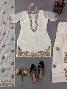 Women's White Floral Embroidered Kurta Pant Dupatta Set Designer Ethnic Salwar Suit Traditional Indian Festive Party Wear - Product Image 3