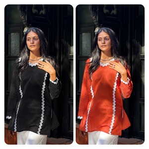 New Arrival Lady Tunic <b>Tops</b> Great Quality Black Cotton Loose Long Sleeve V Neck Embroidered Sweet Style Plain Dyed Natural - Product Image 2